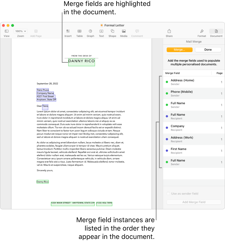 Pages document with recipient and sender merge fields, and the merge field instances list visible in the Document sidebar.