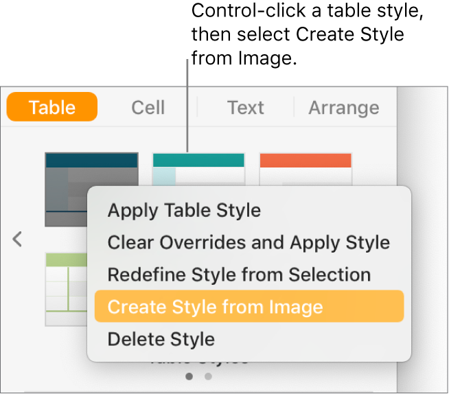 The table style shortcut menu.