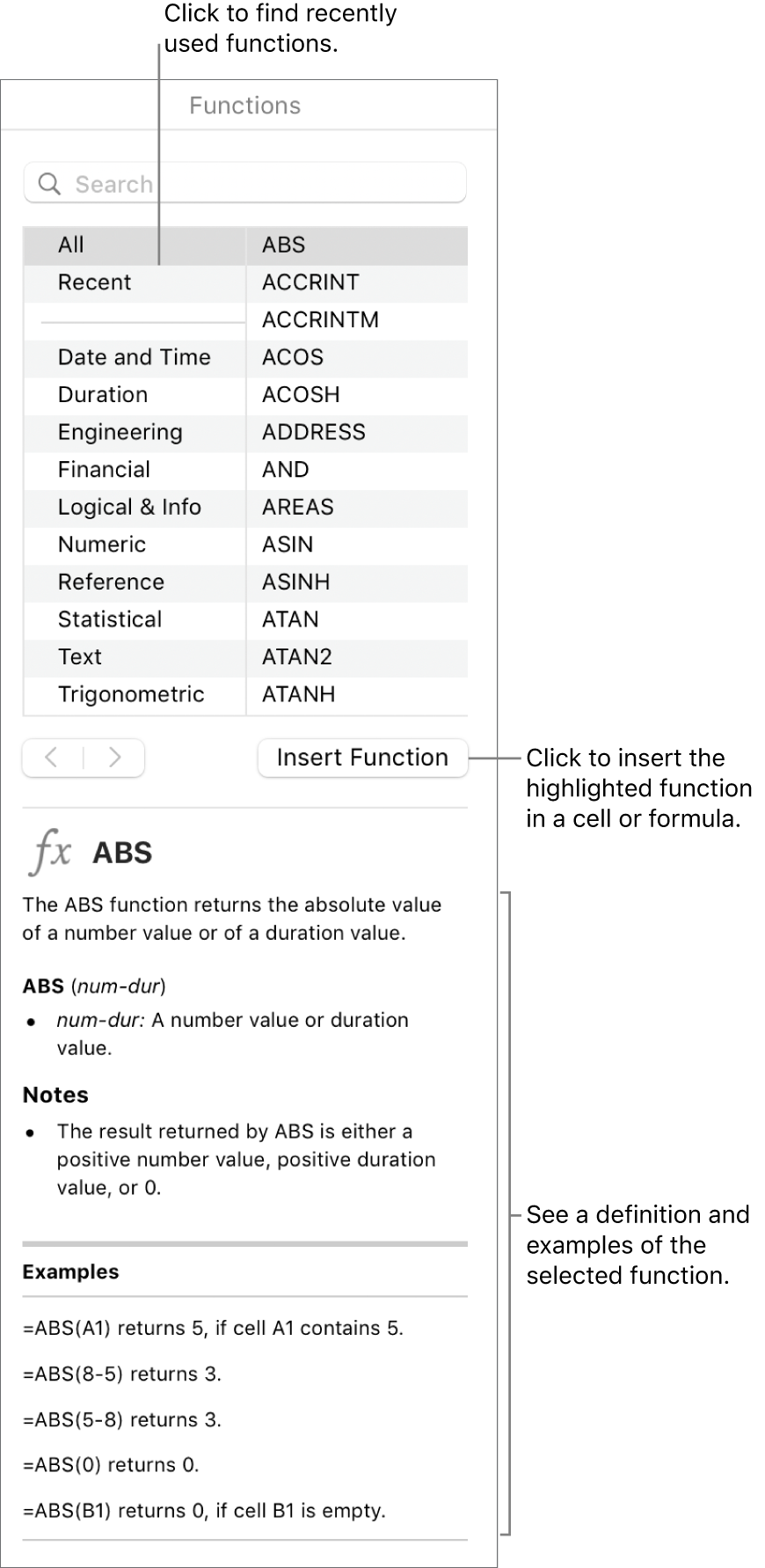 The Function Browser with a call out to recently used functions, the Insert Function button and the function definition.