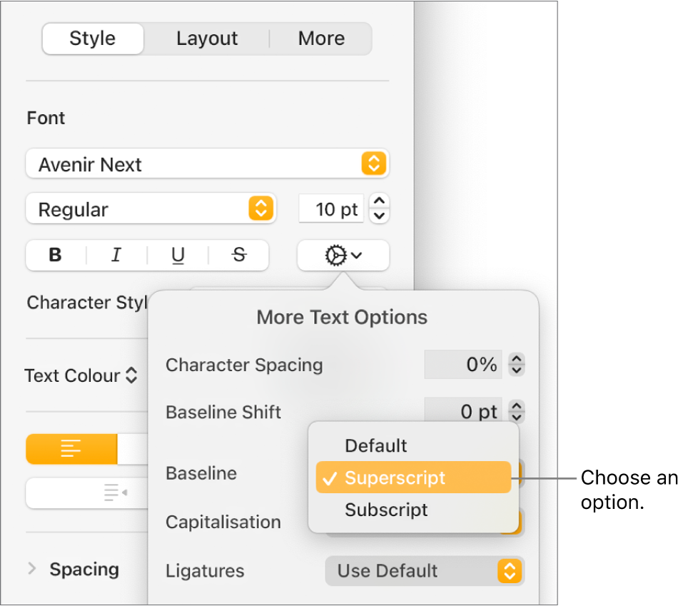 The Advanced Options menu with the Baseline pop-up menu open and showing Default, Superscript and Subscript menu items.