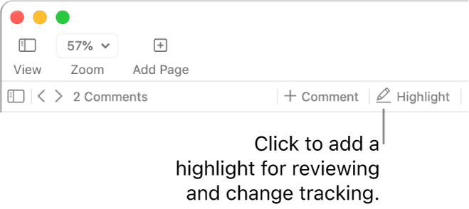 The menu bar showing the Insert menu and below it, the Pages toolbar with review tools showing, and a call out to the Highlight button.