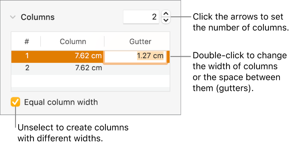 Layout pane of the Format inspector, showing columns controls.