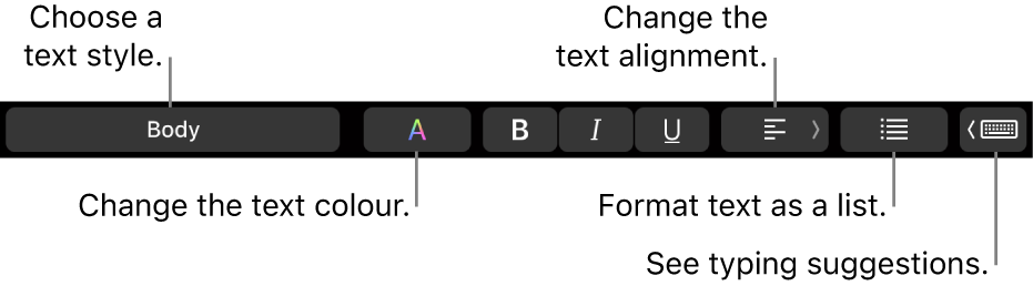 The MacBook Pro Touch Bar with controls for choosing a text style, changing the text colour, changing the text alignment, formatting text as a list, and showing typing suggestions.