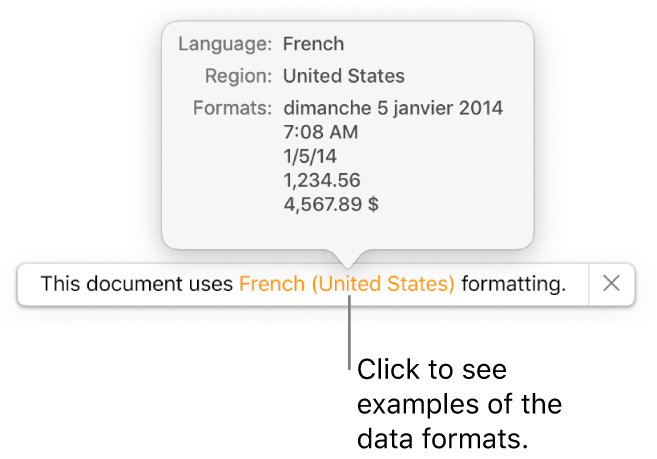 The notification of the different language and region settings, showing examples of formatting for that language and region.