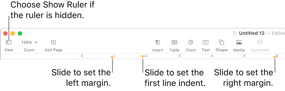 The ruler with the left margin control and first line indent control.