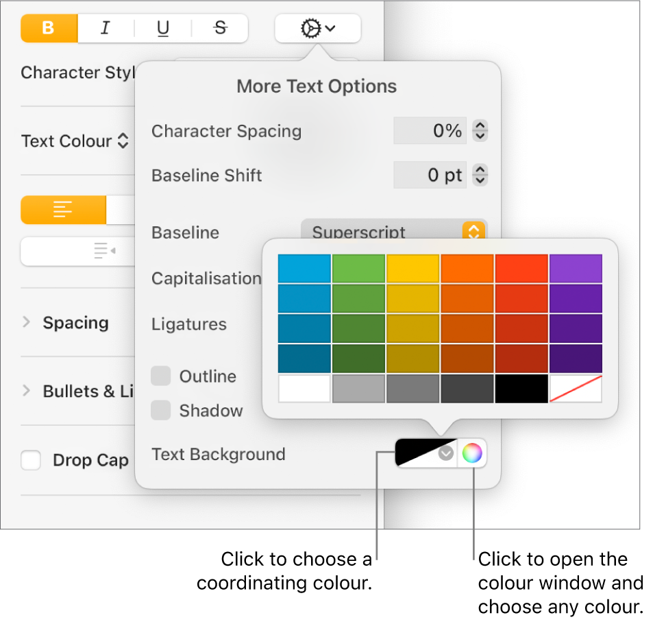 Controls for choosing a background colour for text.