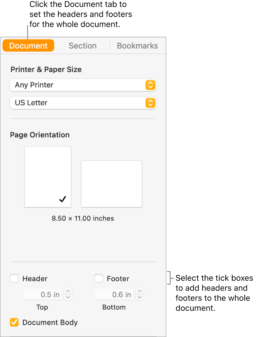 The Document sidebar with the Document tab at the top of the sidebar selected. Below the Header and Footer tick boxes are arrows to change the distance of headers and footers from the top and bottom of the page.