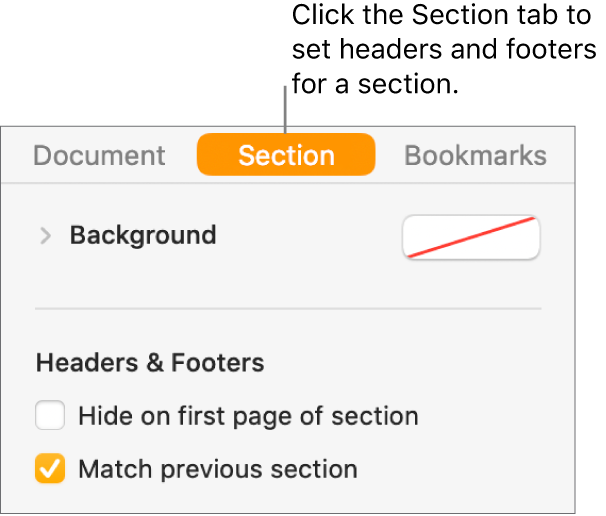 The Document sidebar with the Section tab at the top of the sidebar selected. The Headers & Footers section of the sidebar has tick boxes next to “Hide on first page of section” and “Match previous section.”