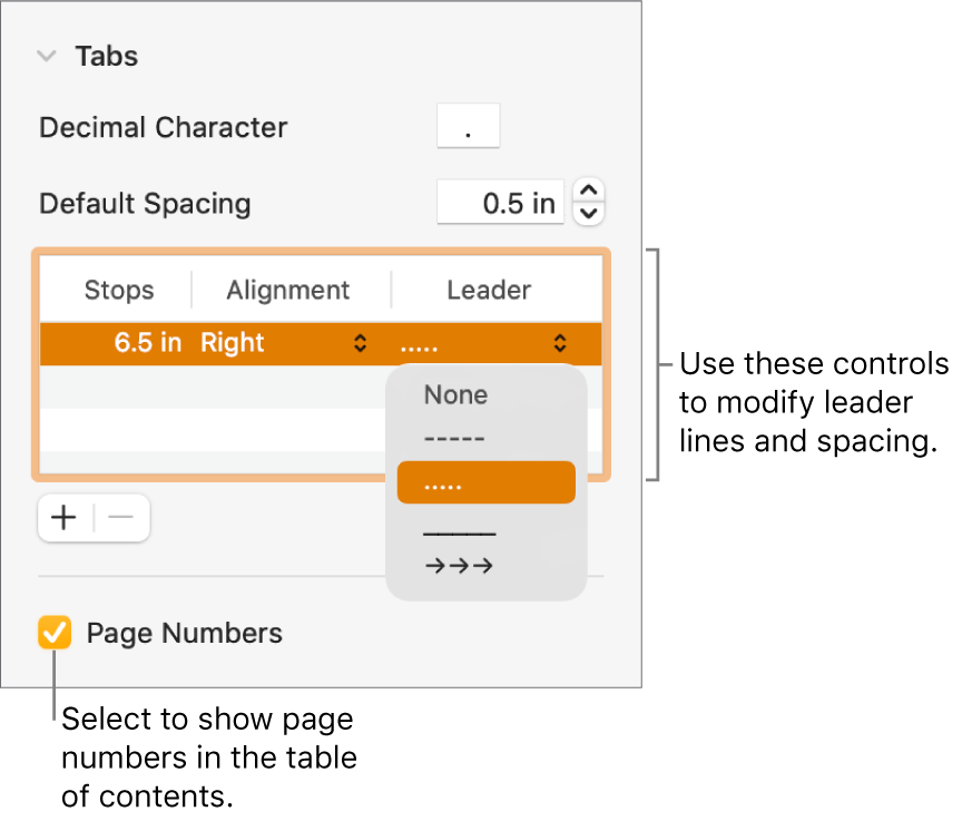 The Tabs section of the Format sidebar. Below Default Spacing is a table with Stops, Alignment and Leader columns. A Page Numbers tick box appears selected and appears below the table.