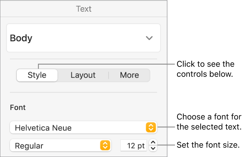 Text controls in the Style section of the Format sidebar for setting font and font size.