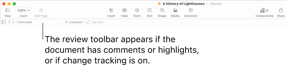 Pages toolbar at the top of the screen with buttons across the top for View, Zoom, Add Page, Insert, Table, Chart, Text, Shape, Media and Comment. Below the Pages toolbar is the review toolbar with hide or show comments button, arrows to go to previous or next comment, total number of comments, and add comment or highlight buttons.