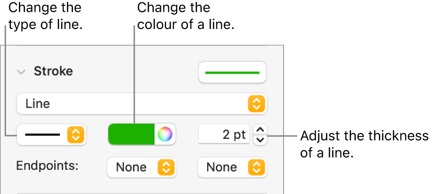 The stroke controls for setting endpoints, line thickness and colour.