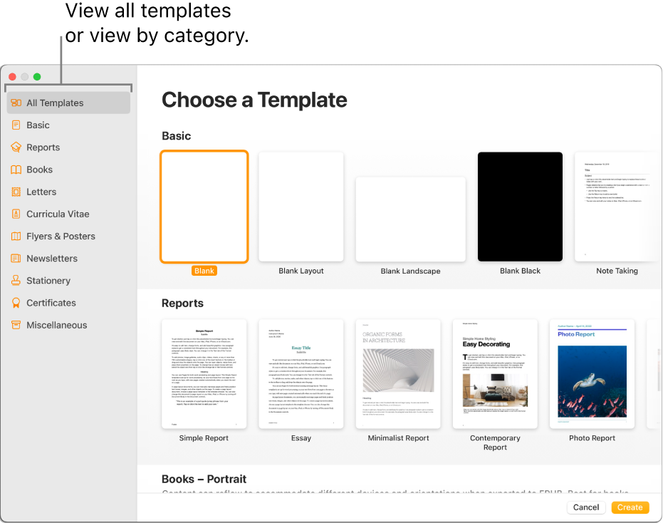 The template chooser. A sidebar on the left lists template categories you can click to filter options. On the right are thumbnails of pre-designed templates arranged in rows by category, starting with Basic at the top and followed by Reports and Books — Portrait. The Language and Region pop-up menu is in the bottom-left corner, and Cancel and Create buttons are in the bottom-right corner.