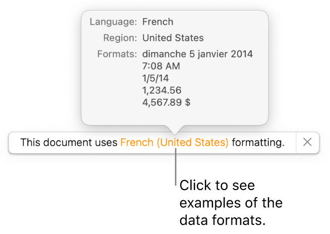 The notification of the different language and region setting, showing examples of the formatting in that language and region.