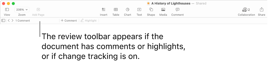 Pages toolbar at the top of the screen with buttons across the top for View, Zoom, Add Page, Insert, Table, Chart, Text, Shape, Media, and Comment. Below the Pages toolbar is the review toolbar with hide or show comments button, arrows to go to previous or next comment, total number of comments, and add comment or highlight buttons.