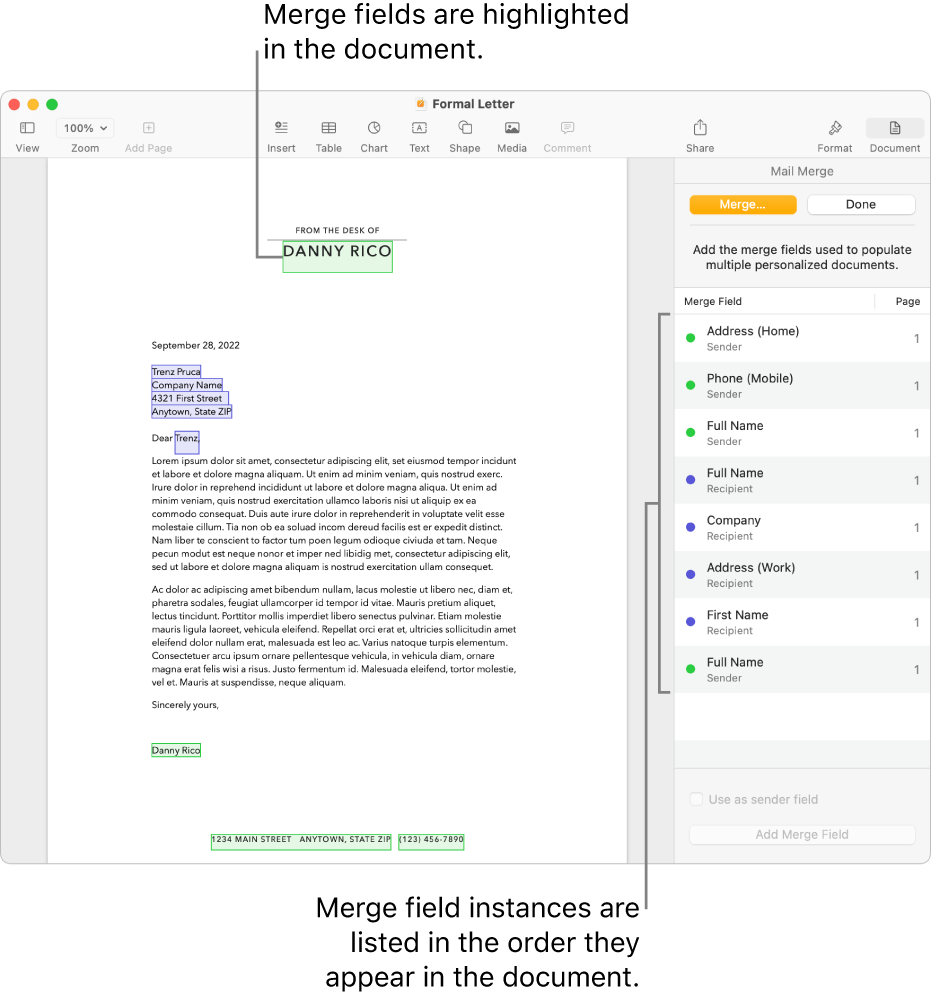 Pages document with recipient and sender merge fields, and the merge field instances list visible in the Document sidebar.