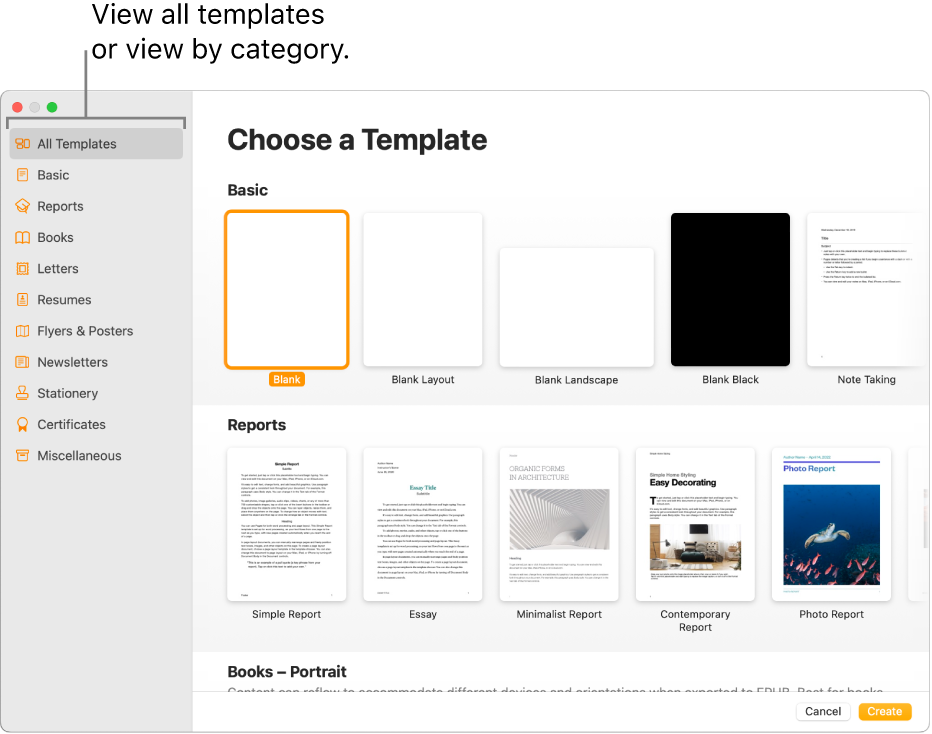 The template chooser. A sidebar on the left lists template categories you can click to filter options. On the right are thumbnails of predesigned templates arranged in rows by category, starting with Basic at the top and followed by Reports and Books—Portrait. Cancel and Create buttons are in the bottom-right corner.