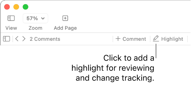 The menu bar showing the Insert menu and below it, the Pages toolbar with review tools showing and a callout to the Highlight button.