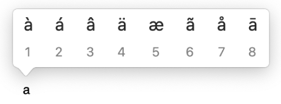 The accent menu open with options for accents and other diacritical marks on the letter a.