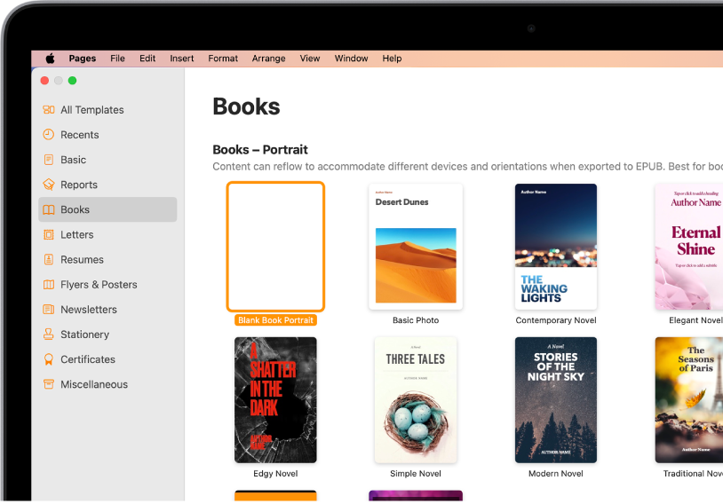 The template chooser with Books selected in the category list on the left, and book templates in portrait orientation on the right.