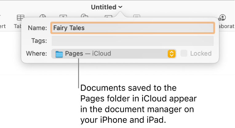 The Save dialog for a document with Pages—iCloud in the Where pop-up menu.