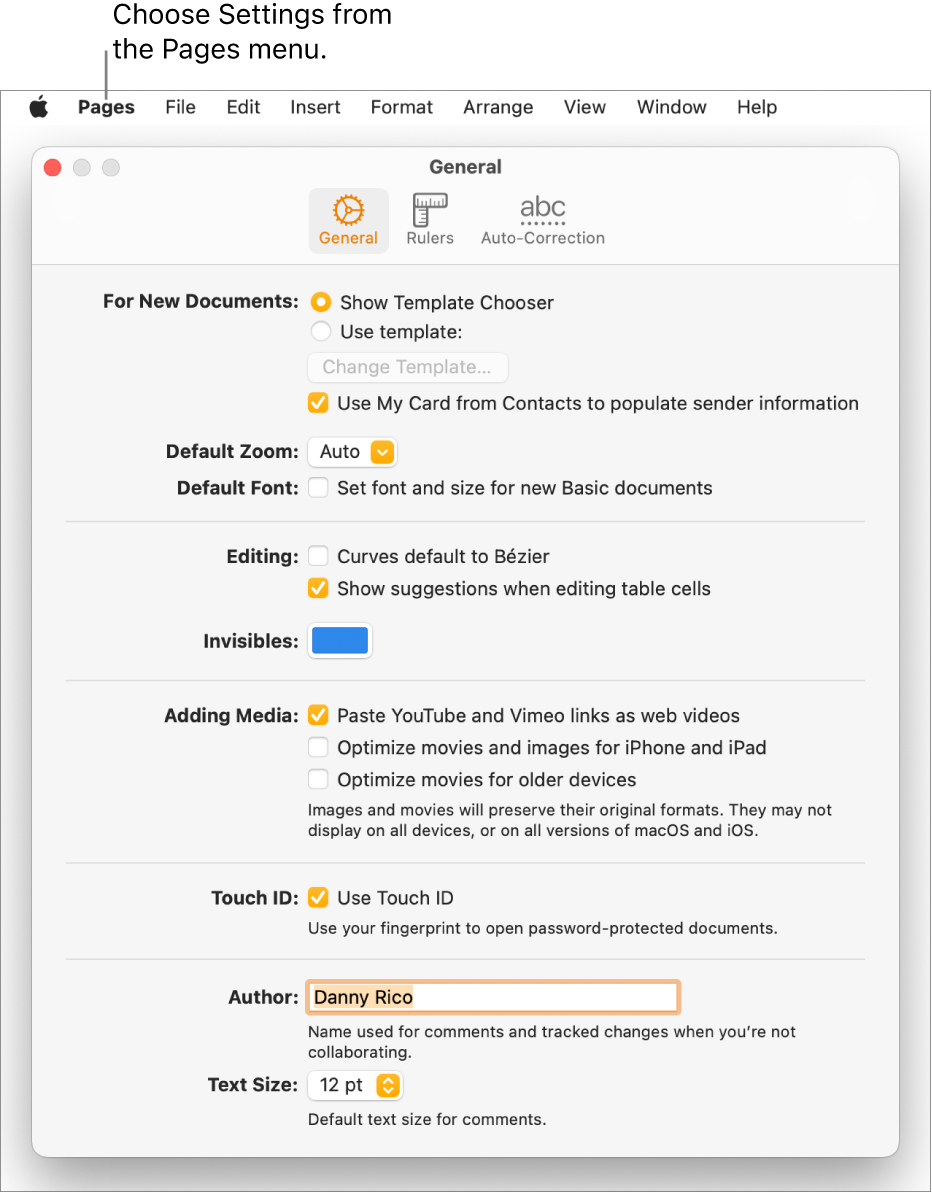 Pages Settings window open to the General pane, with settings for new documents, default zoom and font, editing, equations, invisibles, adding media, Touch ID, author name, and default text size.