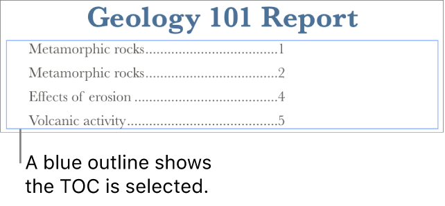 A table of contents inserted into a document. Entries show headings along with their page numbers.