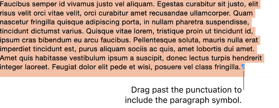 A paragraph selected, with the paragraph symbol included in the selection.