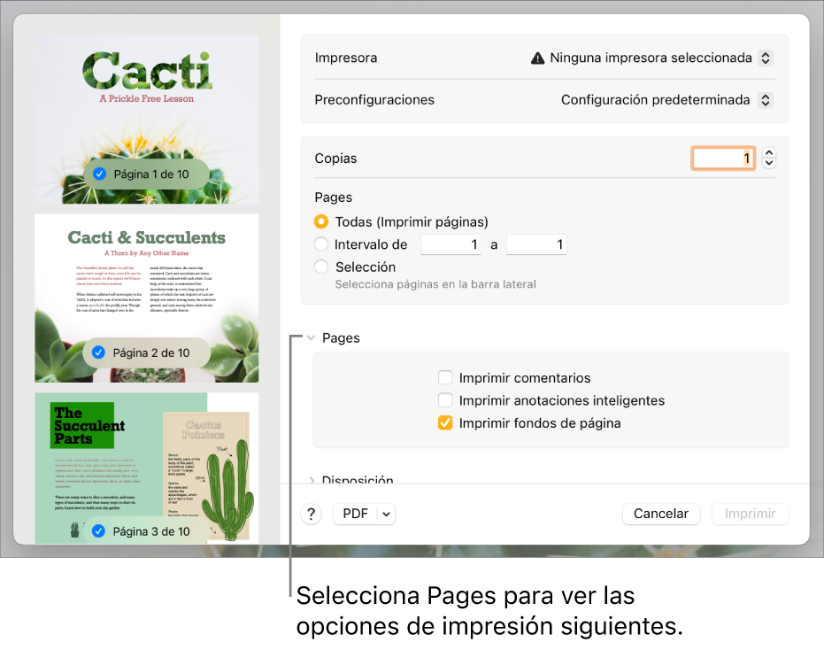 Diálogo de impresión con controles para la impresora, ajustes predeterminados, copias y rango de páginas. Se selecciona la opción Páginas en el menú desplegable debajo de la configuración del rango de páginas, seguido de las casillas para imprimir comentarios, imprimir anotaciones inteligentes e imprimir fondos de página.