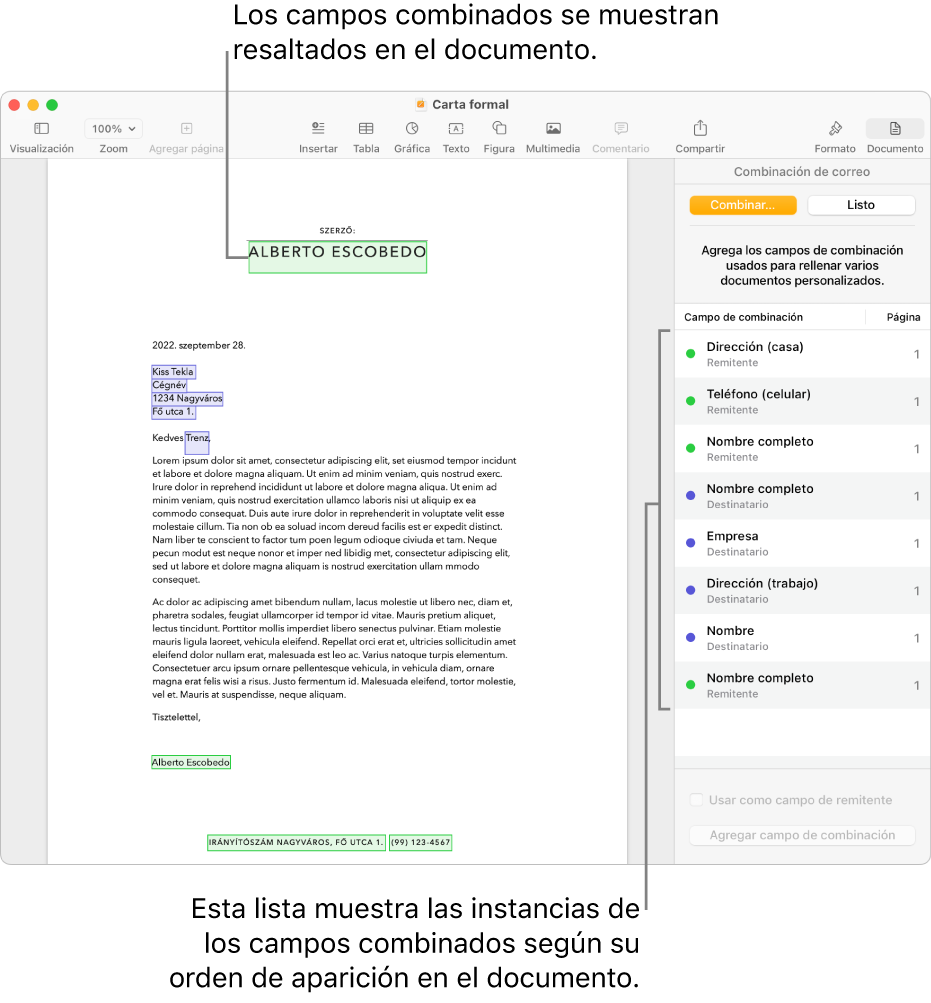 Documento de Pages con campos de combinación del remitente y del destinatario, y la lista de casos de campos de combinación visible en la barra lateral del documento.