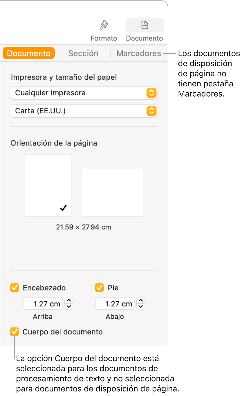 La barra lateral Formato con las pestañas Documento, Sección y Marcadores en la parte superior. La pestaña de Documento se seleccionó y un mensaje en la pestaña de Marcadores indica que los documentos de disposición de página no tienen una pestaña de Marcadores. Está seleccionada la casilla del Cuerpo del documento, lo que también indica que el documento es de procesamiento de texto.