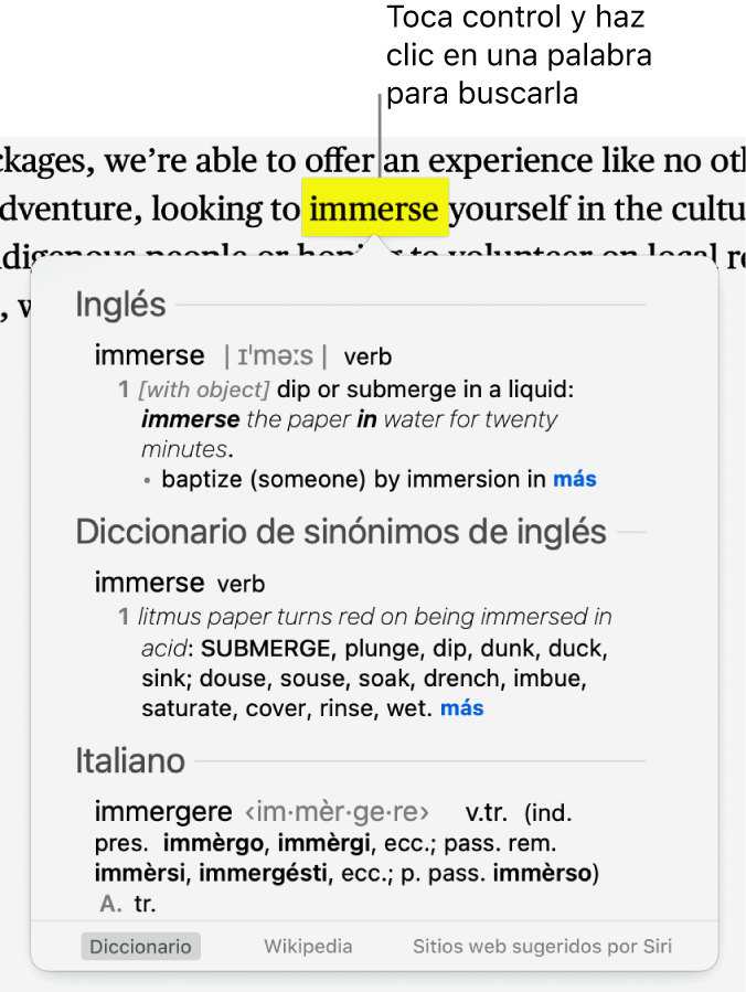 Un párrafo con una palabra resaltada y una ventana que muestra su definición y una entrada de diccionario de sinónimos. Los botones en la parte inferior de la pantalla proporcionan enlaces al diccionario, Wikipedia y sitios web sugeridos por Siri.