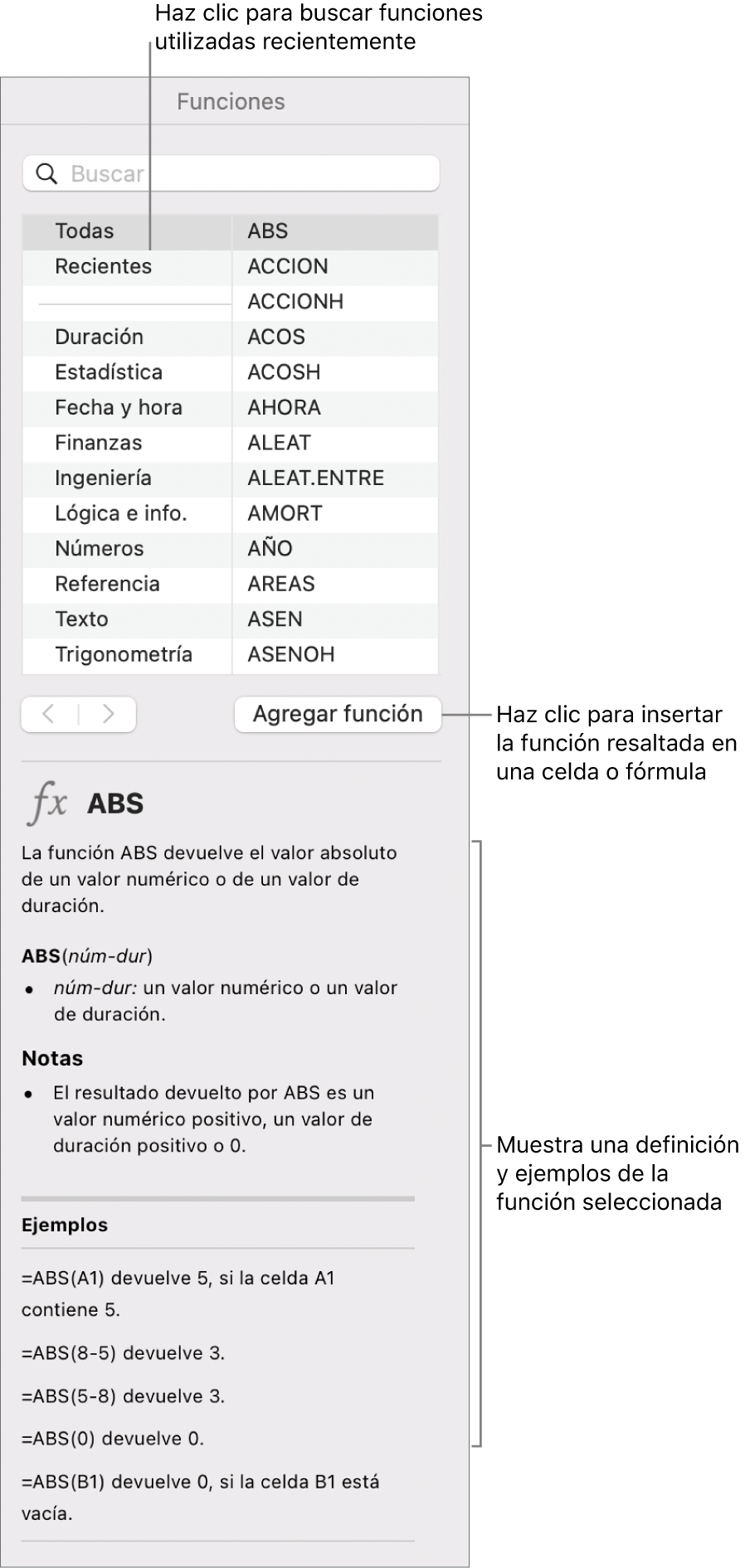 El explorador de funciones con mensajes en funciones utilizadas recientemente, el botón Insertar función y la definición de la función.