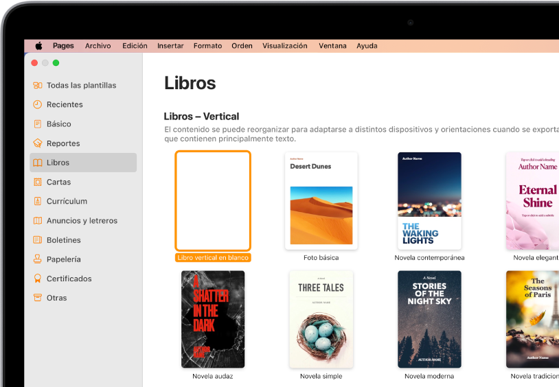 El selector de plantillas con Libros seleccionado en la lista de categorías de la izquierda, y plantillas de libros con orientación vertical a la derecha.