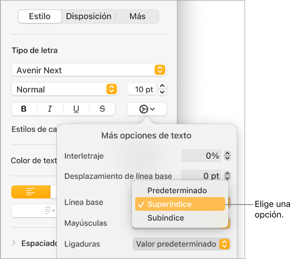 El menú Opciones avanzadas con el menú desplegable Línea base abierto y mostrando los elementos de menú Predeterminada, Superíndice y Subíndice.