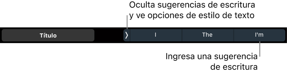 La Touch Bar de la MacBook Pro con controles para elegir el estilo del texto, ocultar e insertar sugerencias de escritura.