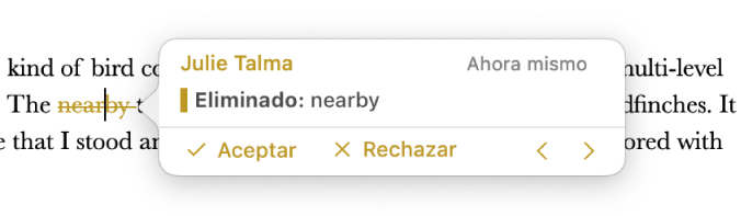 Texto eliminado con un comentario abierto y Aceptar, Rechazar y flechas de navegación. El cambio registrado muestra el nombre del autor y la fecha.