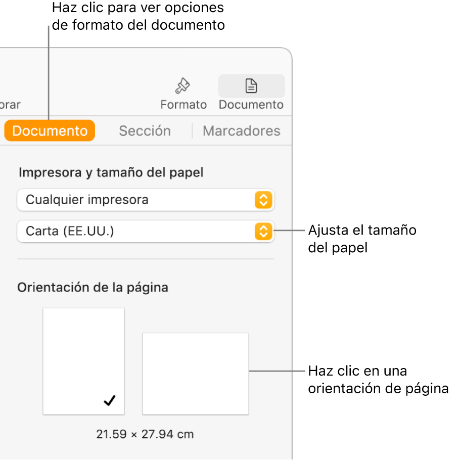 La barra lateral Documento con la pestaña Documento seleccionada en la parte superior de la barra lateral. En la barra lateral hay un menú desplegable para ajustar el tamaño del papel, y botones para la orientación de página vertical u horizontal.