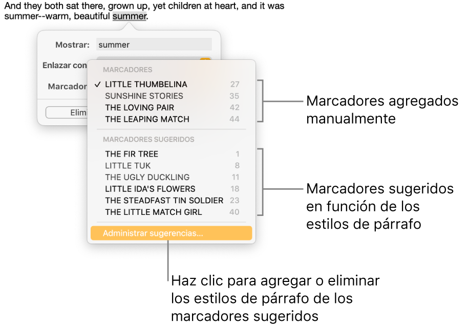 La lista de marcadores con marcadores agregados de forma manual en la parte de arriba y los marcadores sugeridos abajo. La opción Administrar sugerencias está al final.