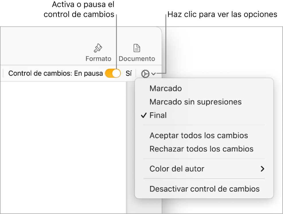 El menú de opciones de control de cambios con Desactivar control de cambios en la parte inferior y globos de mensaje en Control de cambios: Activado, y en En pausa.