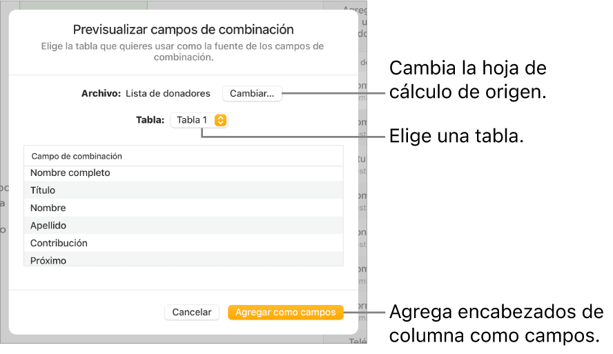 Panel Previsualizar campos de combinación abierto, con opciones para cambiar el archivo o tabla de origen, previsualizar los nombres de campos de combinación, o agregar los encabezados de las columnas como campos.