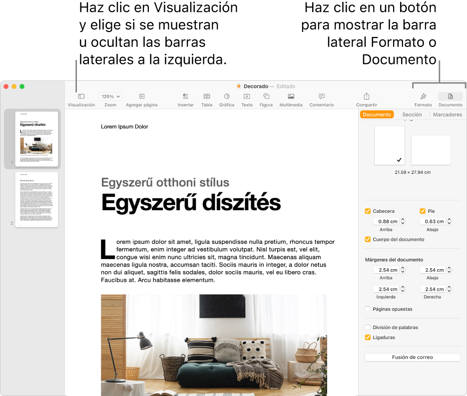 Ventana de Pages con mensajes en el botón del menú Visualización y en los botones Formato y Documento de la barra de herramientas. Barras laterales abiertas a izquierda y derecha.