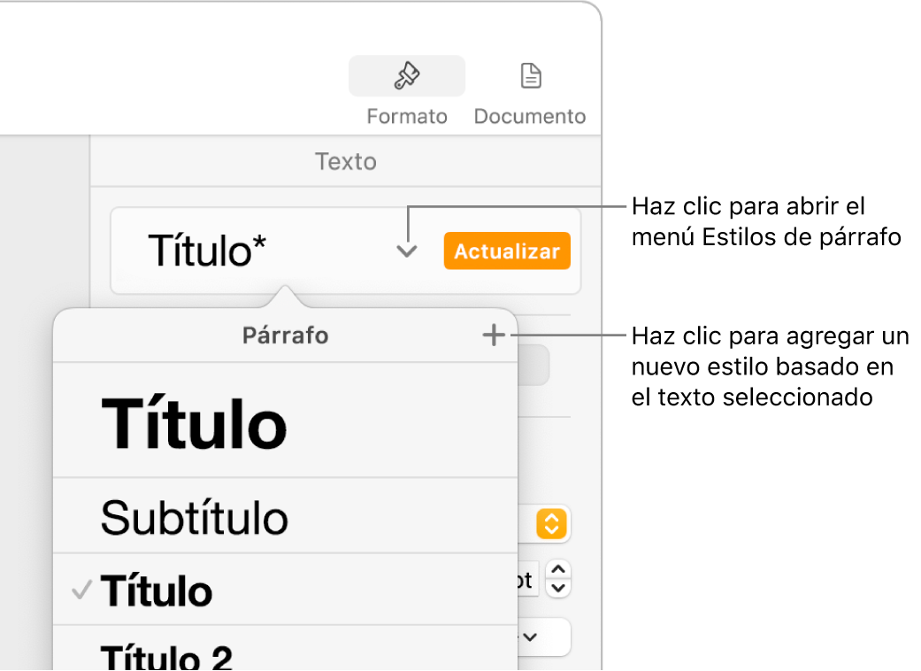 El menú Estilos de párrafo muestra controles para agregar o cambiar un estilo.