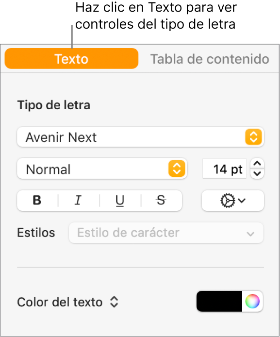 La barra lateral Formato con la pestaña Texto seleccionada y controles para cambiar el tipo de letra, el tamaño del texto o el estilo de los caracteres.