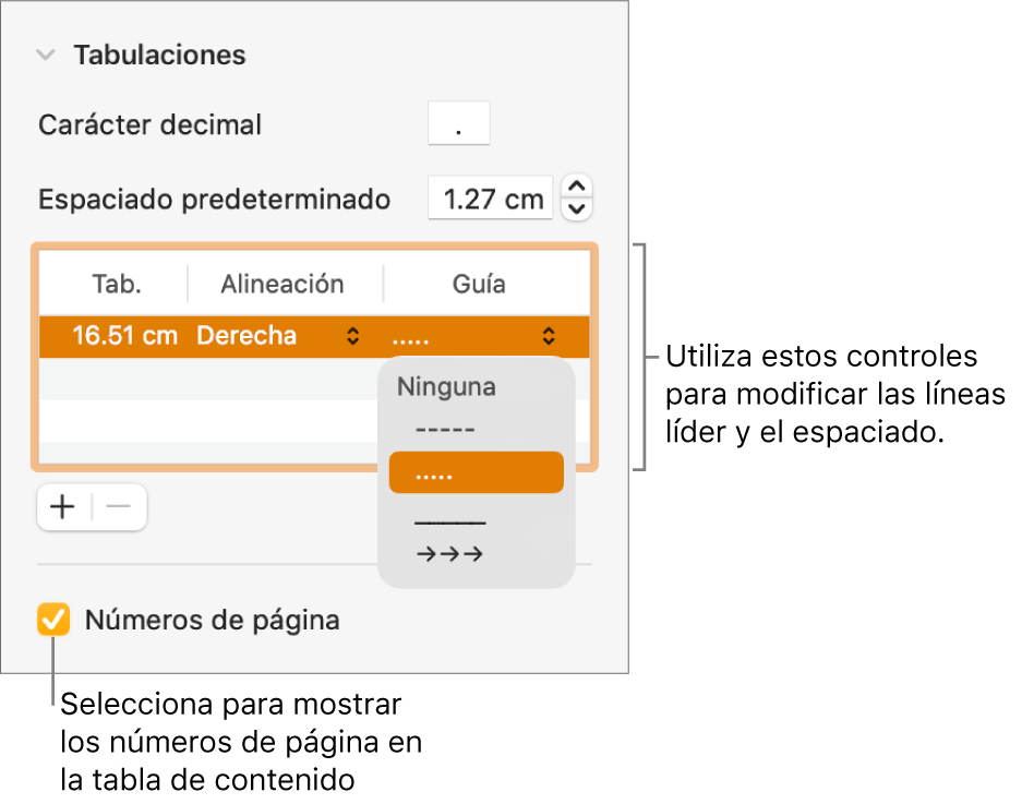 La sección Tabulaciones de la barra lateral Formato. Debajo de Espacio predeterminado, está una tabla con las columnas Tab., Alineación y Guía. Aparece la casilla Números de página seleccionada debajo de la tabla.