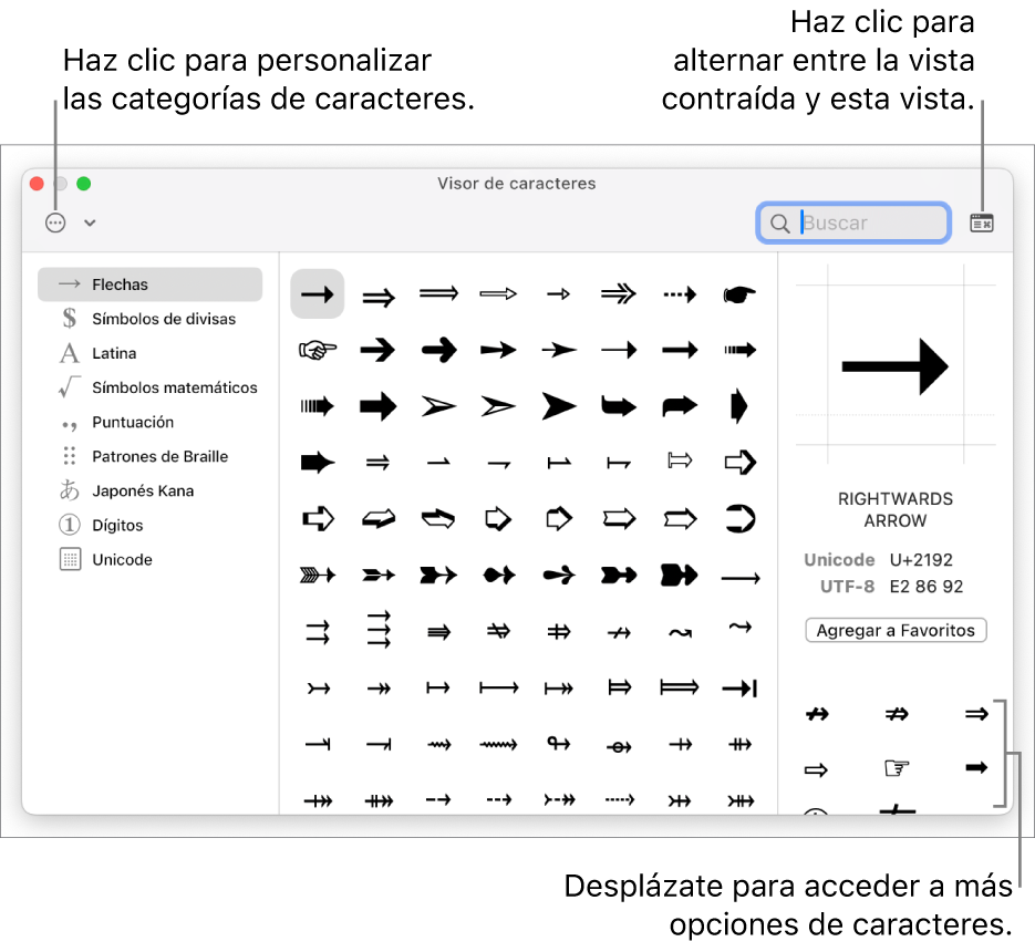 El visor de caracteres expandido muestra caracteres especiales y símbolos, un menú para diferentes categorías de símbolos a la izquierda, y un botón en la esquina superior derecha que te permite volver a la vista contraída.