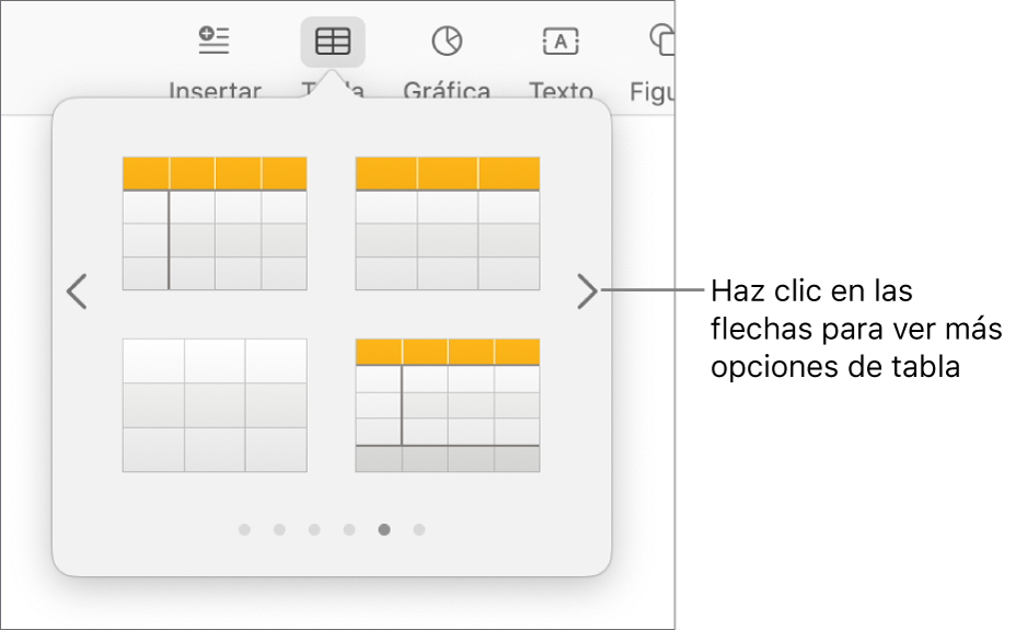 El menú Agregar tabla con flechas de navegación.
