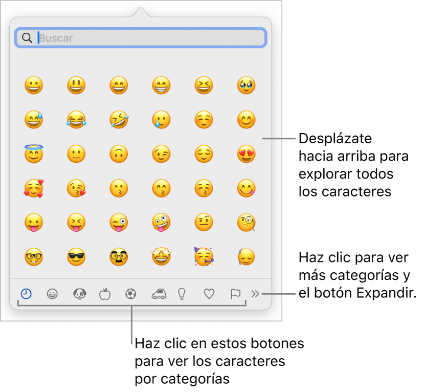 El Visor de caracteres mostrando emojis, botones para diferentes categorías de símbolos en la parte inferior, y un botón para mostrar más categorías y el botón Expandir.