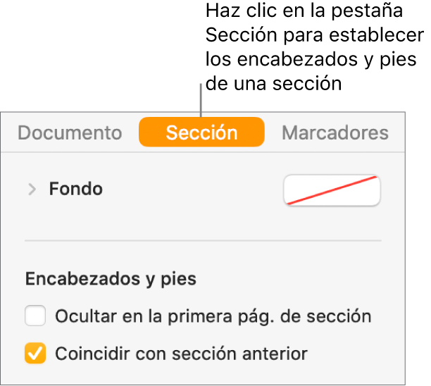 La barra lateral Documento con la pestaña Sección seleccionada en la parte superior de la barra lateral. La sección Encabezados y pies de la barra lateral tiene casillas junto a las opciones Ocultar en la primera pág. de sección y Coincidir con sección anterior.