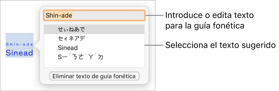 Guía fonética abierta para una palabra, con llamadas al campo de texto y al texto sugerido.